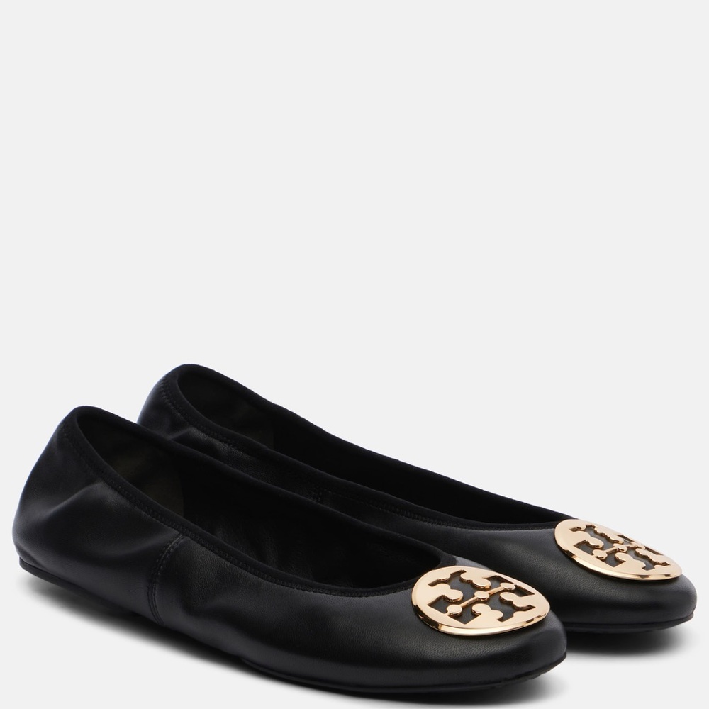 Tory Burch Black Leather Logo Ballet Flats with Gold Emblem